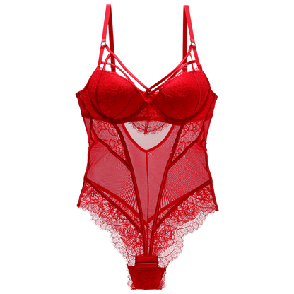 Bodysuit Women Push Up Red Strappy Cup Eyelash Lace Floral Pattern Padded Underwire Lingerie Women Shapewear High Quality